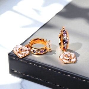 Guess Elegant Gold Tone Tan Enamel Purple Stones  Floral Hoop Earrings